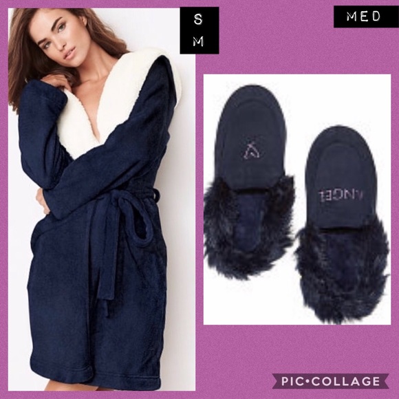 VS SHORT ROBE SHERPA LINED RARE SZ XS SM VS LOGO SLIPPERS NAVY SZ M